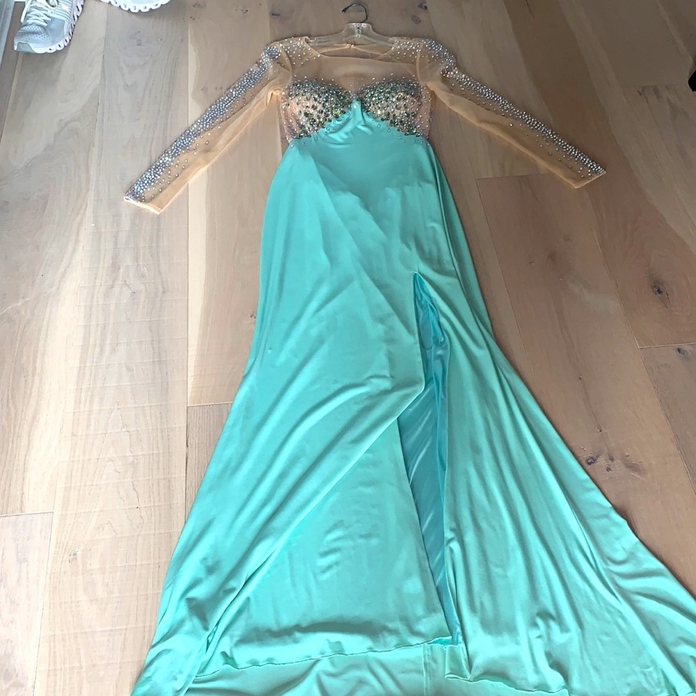 NWT Riva Design SIZE 0 Seafoam blue green PROM DRESS with sleeves - Picture 2 of 4